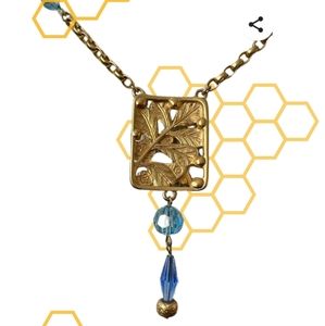 Rare Vintage Signed Swarovski Bee Necklace - Gold Plated - Green and Blue Floral